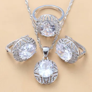 

Simple Oval Natural White CZ Accessories Silver Color Big Jewelry Sets For Women Wedding Engagement Bridal Sets