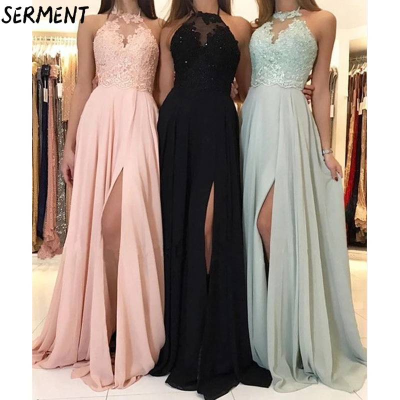 SERMENT Autumn and Winter New European and American Solid Color Evening Dress Long Skirt Chiffon Dress Evening Gown - Color: Black