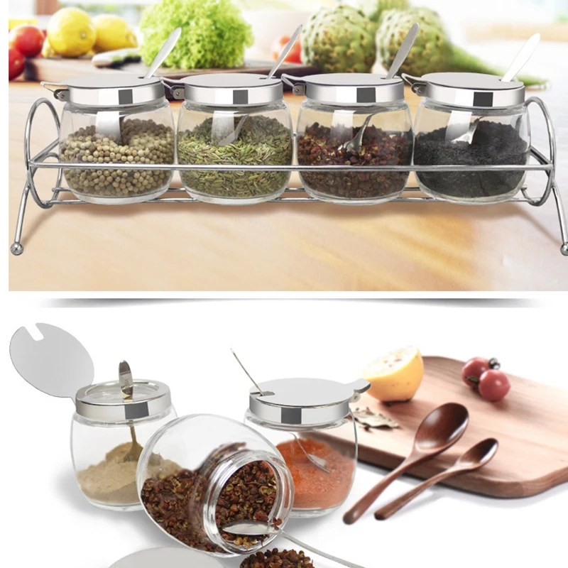 1 Set 3 Pcs Clear Glass Condiment Spice Jars with Thickened Electroplated Iron Frame Storage Container Condiment Jars Cruet with