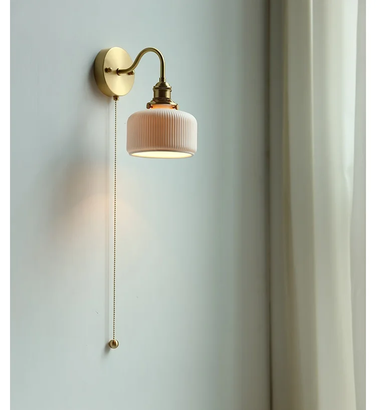 Description Picture 6 of itemIWHD Ceramic Copper Arm Wall Lamp Beside Pull Chain Switch Bedroom Bathroom Stair Japan Style Nordic Modern Wandlamp Applique