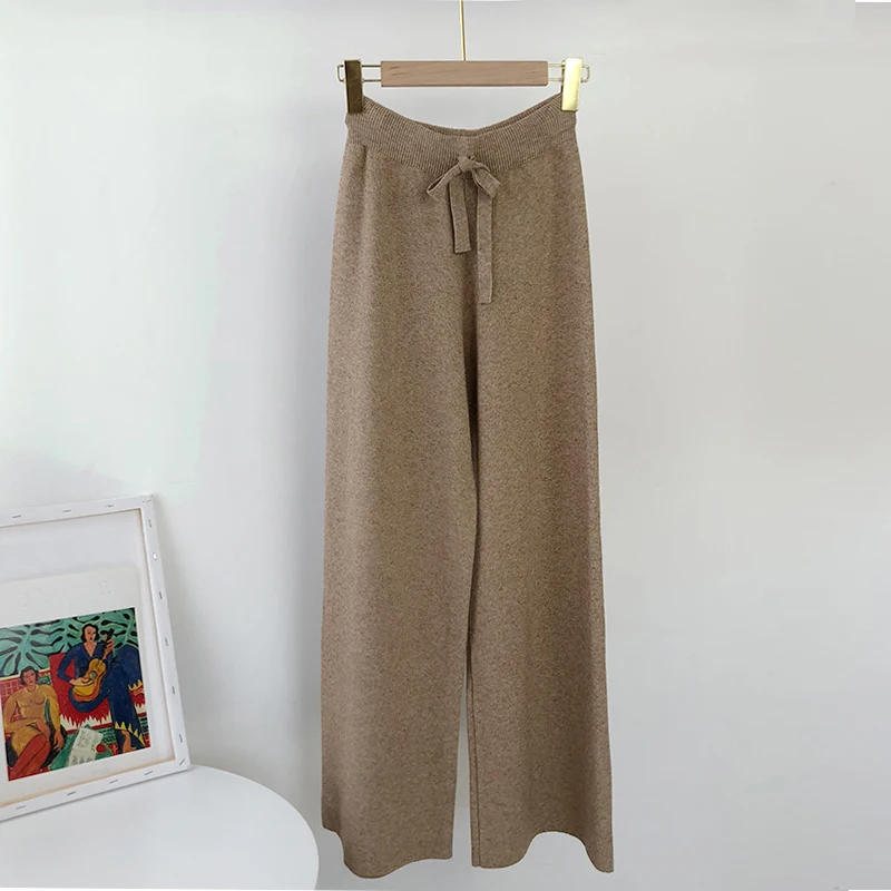 Aachoae 2020 Lady Solid Knit Pants Loose Wide Leg Long Length Pants Female Drawstring Casual Office Home Wear Trousers Pantalon