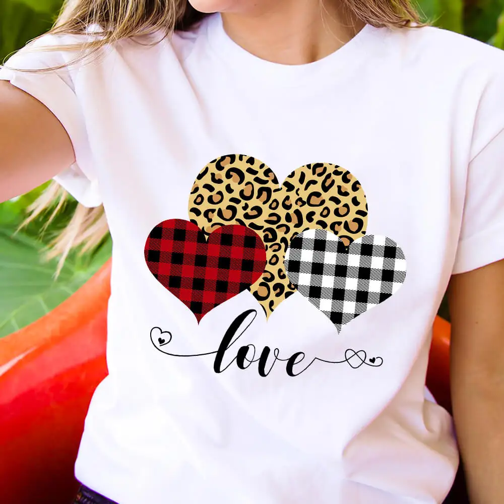 

Love Leopard Hearts Colored Printed 100%Cotton Women's Valentine's Day T Shirt Spring Casual O-Neck Pullovers Short Sleeve Tops