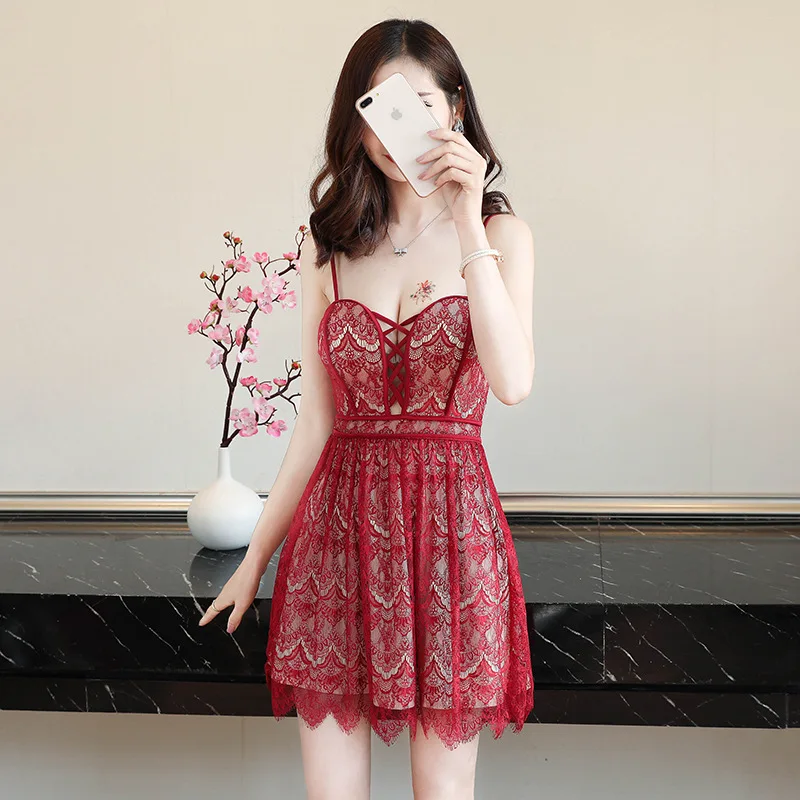 

Sexy Dew Chest Deep V Lace Strapped Dress Bar Scheming Women's Backless Base Skirt Small Expansion Skirt Short Skirt