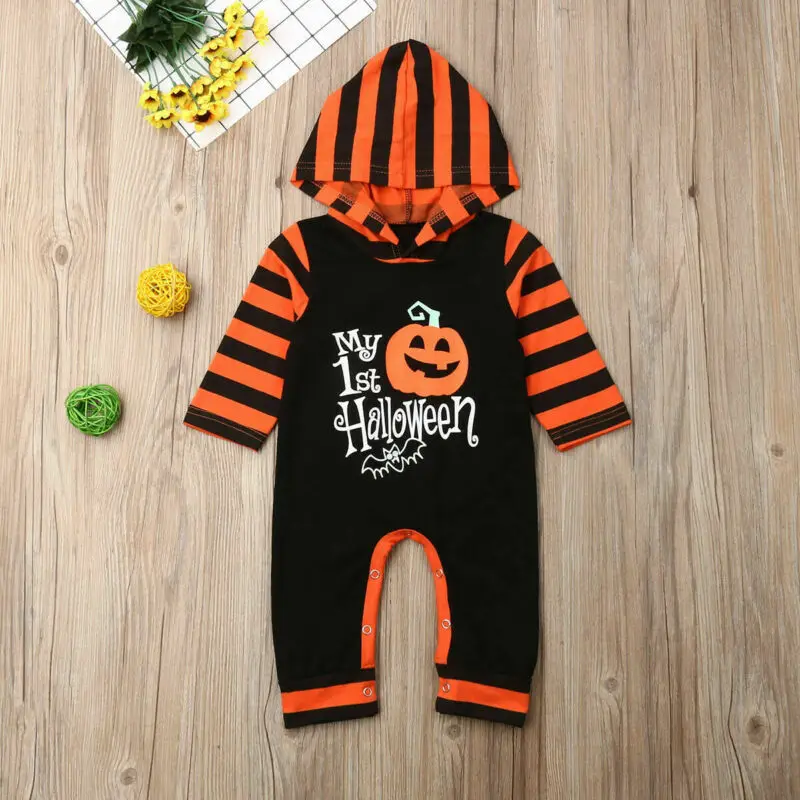 

0- 24M Newborn Infant Baby Boy Girl Clothes Long Sleeve Hooded Romper Playsuit Stripe Pumpkin Print Halloween Costumes Outfit
