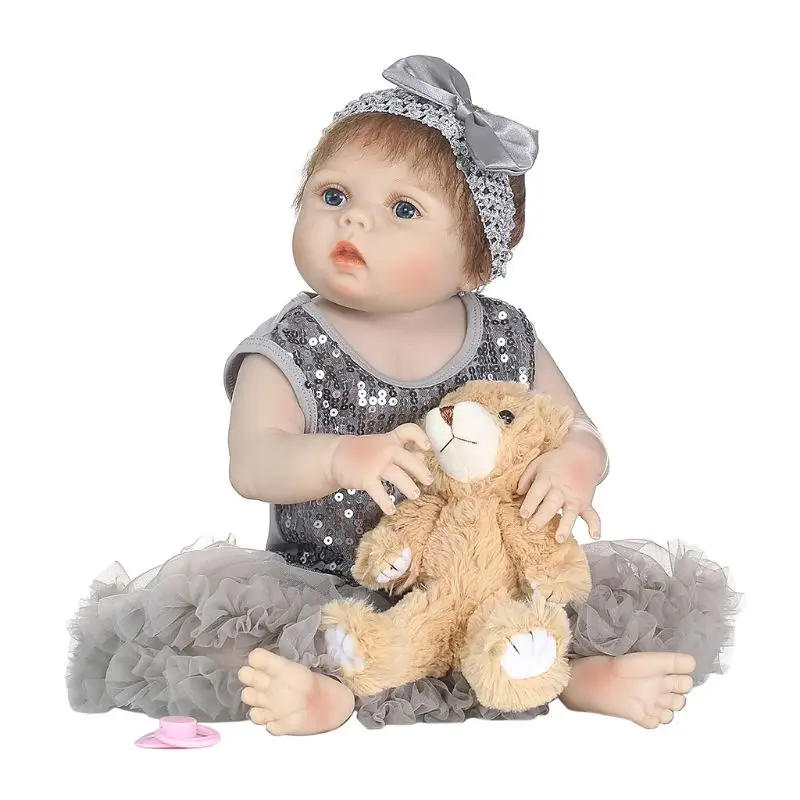

22in Lifelike Full Silicone Doll Gray Sequins Mesh Dress Brown Bear Bow Headband Early Childhood Kids Baby Toys Y4QA