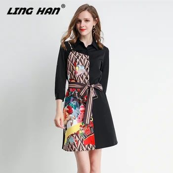

LINGHAN Designer Shirt Dress Women's High Street Fashion Long Sleeve Abstract Geometry Cartoon Printed Tied Waist Dresses