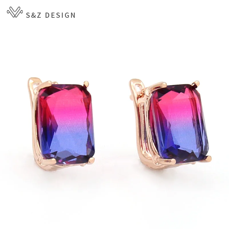 S&Z DESIGN New Fashion Square Imitation Tourmaline Dangle Earrings For Women Fine 585 Rose Gold Color Wedding Jewelry