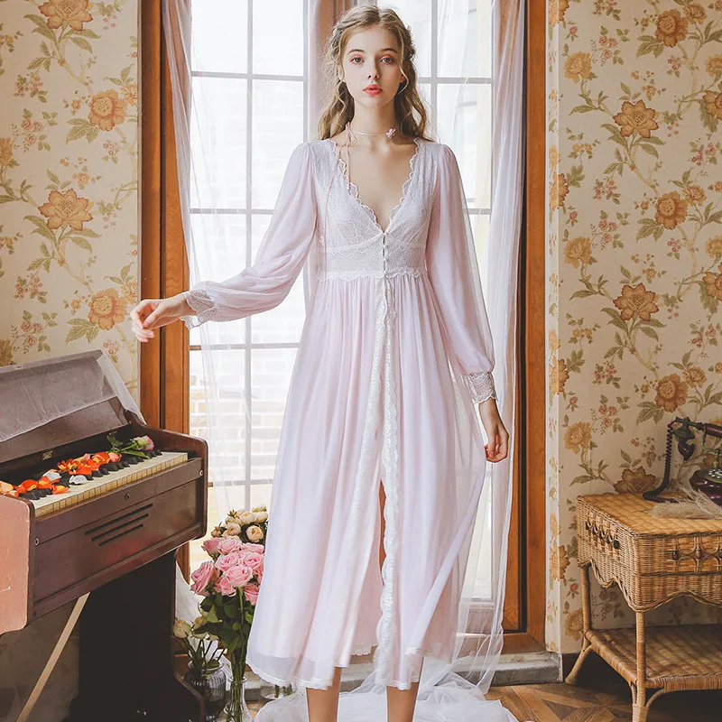 Новинка, весенне-осенняя женская ночная рубашка, 100 хлопок, длинный рукав, сексуальный v-образный вырез, милое кружевное Королевское белое розовое платье принцессы, ночная рубашка