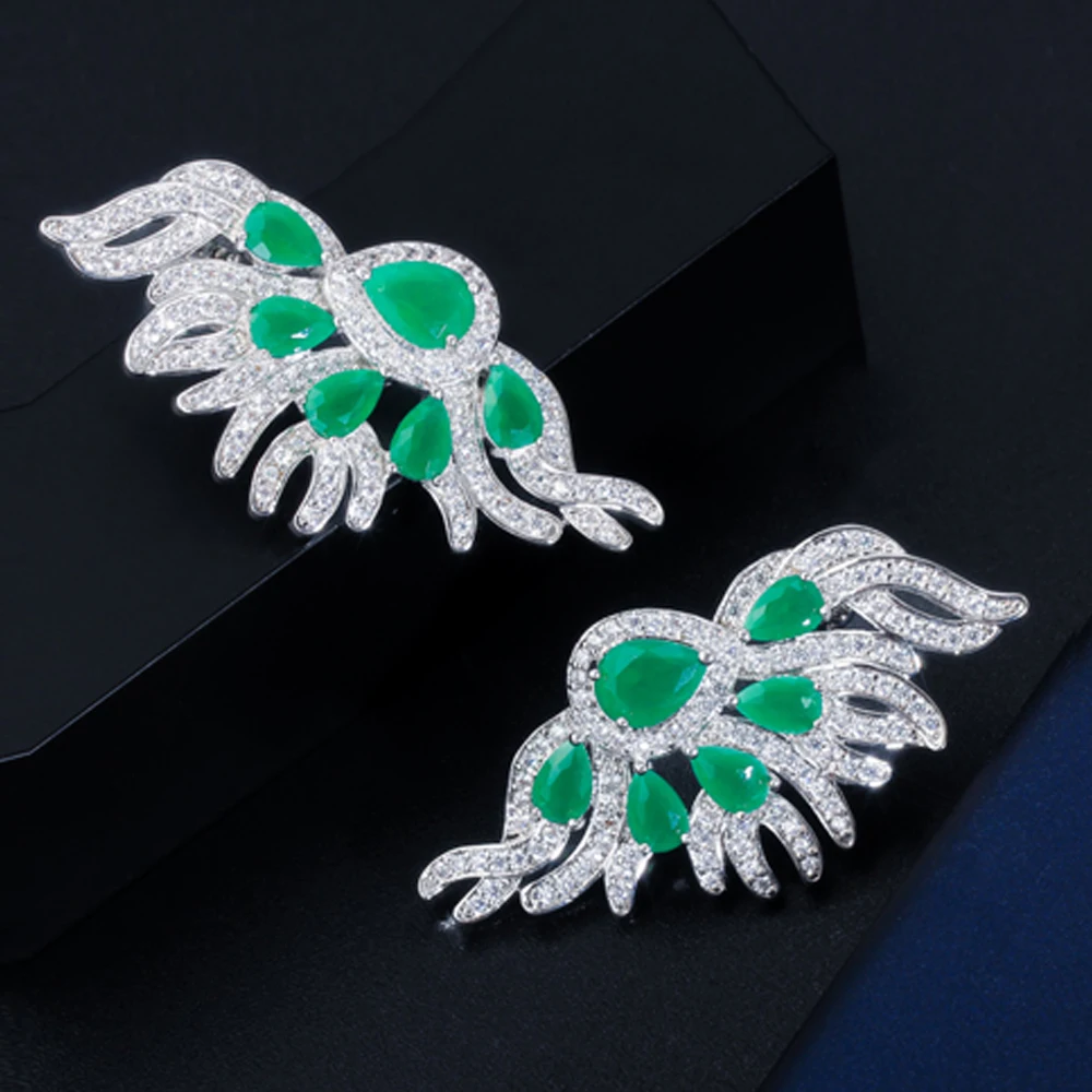 ThreeGraces классические CZ зеленые симметричные в форме крыла большие серьги гвоздики 925 стерлингового серебра танцы вечерние для женщин E0205