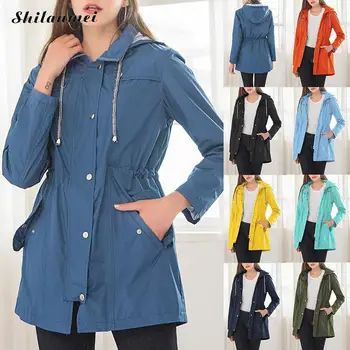

Women Solid Trench Coat Drawstring Casual Basic Jacket 2019 Trendy Windbreaker Jacket Plus Size Black Autumn Hooded Chaqueta