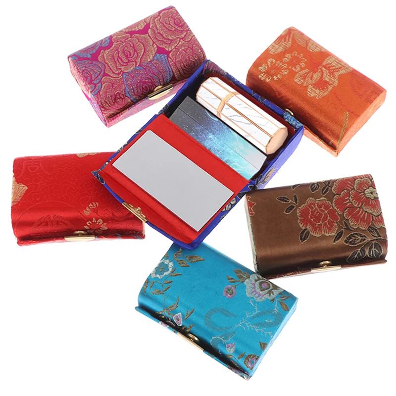 

1pcs Embroidery Crafts Brocade Double Lipstick Boxes/4olors PU Sequined Laser Mirror Gift Bags Lipstick Cosmetic Bags