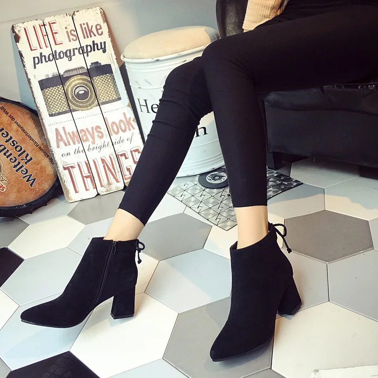 New Womens Short Boots Female Pointed Toe Thick Heel High Heel Ankle Boots Flock Zipper Single Boots Autumn Size 34-42