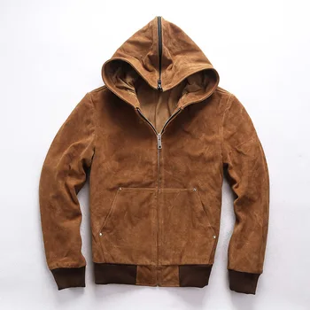 

2020 men's hooded genuine with front pocket yellow cow suede baseball jacket men youth leather coat male