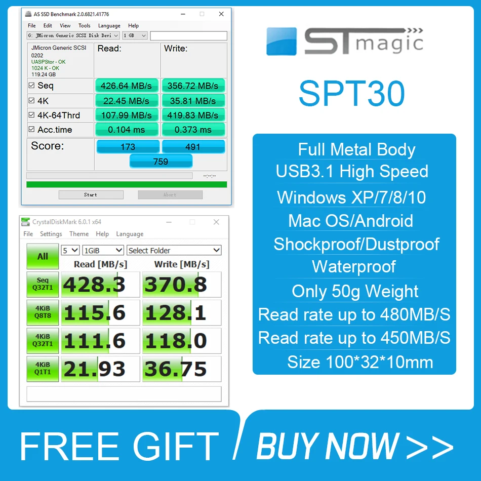  Stmagic Spt30 Metal USB 3.1 Typc-C Portable Solid State Drive 256GB 512GB 1TB 2TB External SSD 480M