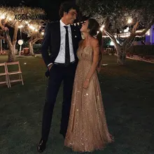 Сексуальные Платья на бретельках с v-образным вырезом и открытой спиной для выпускного вечера цвета шампанского, с блестками, длинное вечернее платье А-силуэта цвета шампанского, вечерние платья