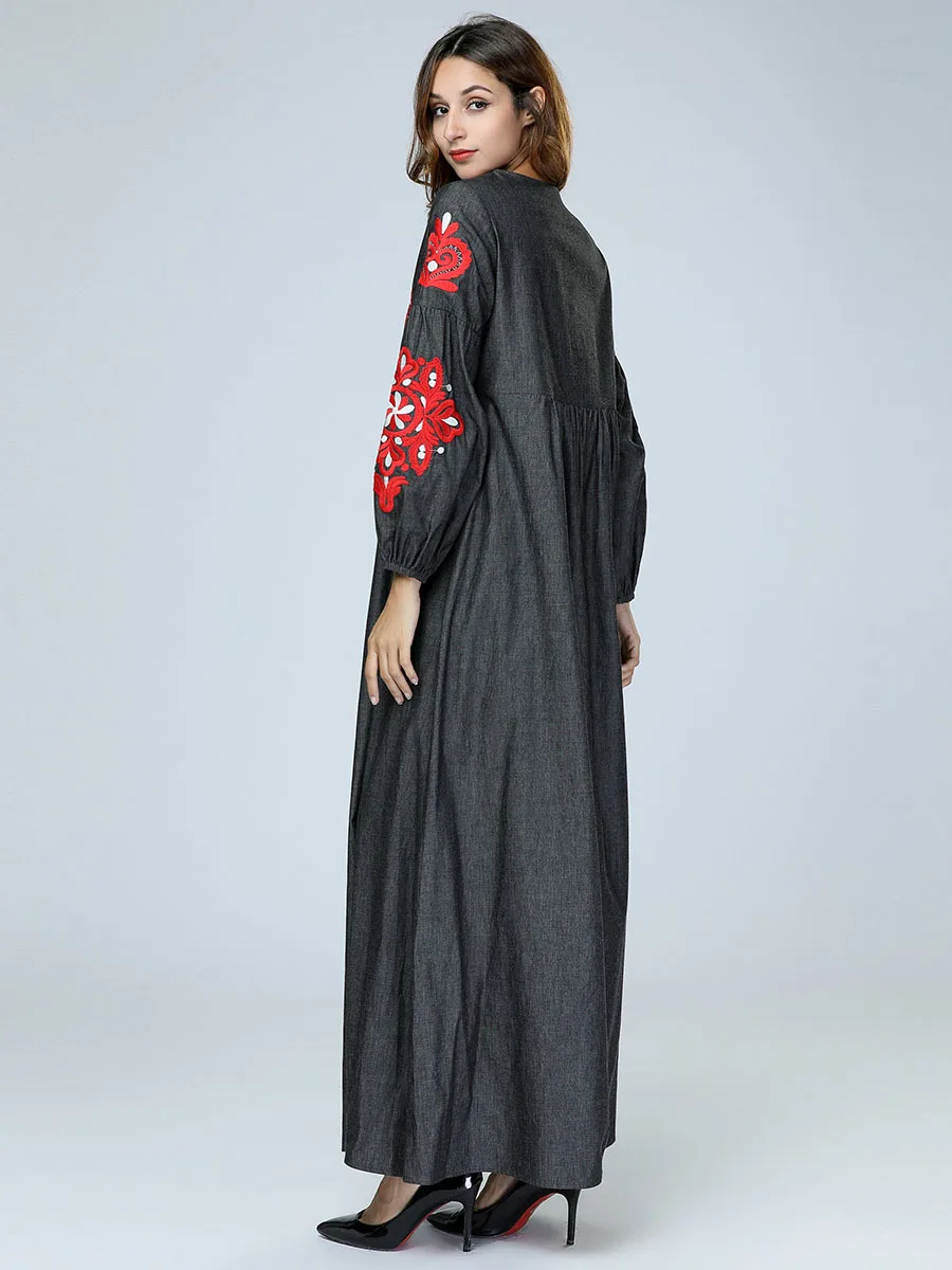 Турецкая абайа осеннее вышитое джинсовое платье мусульманское Musulman одеяние мусульмане Femme Средний Восток большой размер Халат