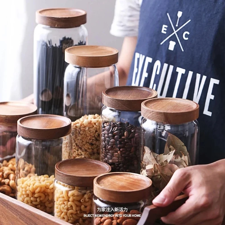 

Heat-Resistant Glass Jar Classic Storage Jar Wooden Lid Container Coffee beans Storage Kitchen Storage Kitchen Holder
