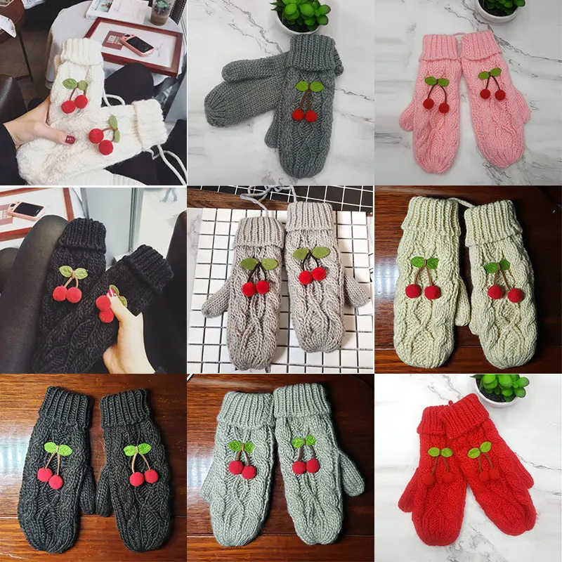 

Cherry Knitted Gloves Full Finger Mittens Hand Warmer Halter Hanging Neck Outdoor Windproof Gloves Soft Thick Warm Solid Color