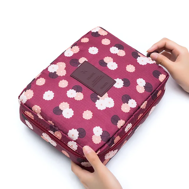 FUDEAM Multifunction Women Outdoor Storage Bag Toiletries Organize Cosmetic Bag Portable Waterproof Female Travel Make Up Cases Wine Red Flower