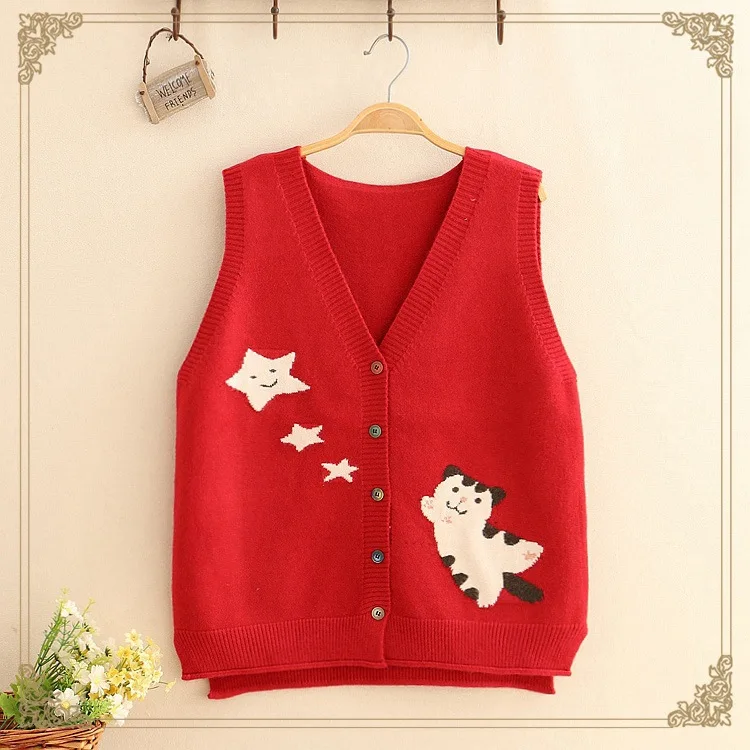 Red sweater Женский желтый свитер Kawaii, жилет с v-образным вырезом, шерстяной вязаный кардиган с рисунком кота, милый свободный свитер без рукавов для школьниц, розовый и красный цвета - Цвет: Red sweater