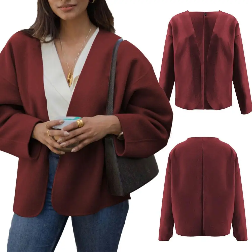 Fashion Women Autumn Solid Color Long Sleeve Double Side Woolen Cardigan Coat All Match Jacket Short |