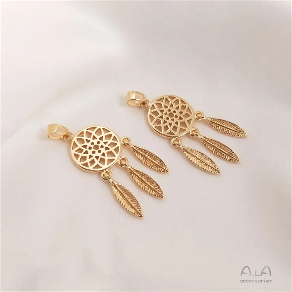수제 DIY 쇄골 목걸이 귀걸이 펜던트, 14K 금도금 꽃 그물, 3 행잉 깃털 펜..