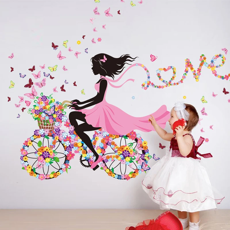 Wall Stickers 3d butterfly bike girl wall sticker home decoration removable flower bicycle wall decal for living room