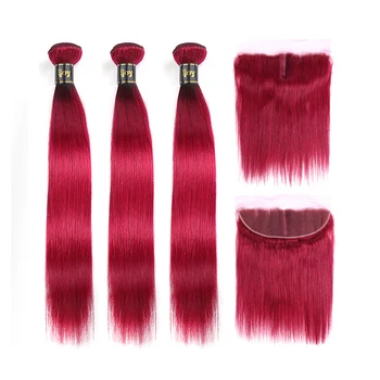 

Human Hair Bundles With 4x4 Frontal Brazilian Hair 3 Bundles With Closure Burgundy Red Colored Straight Bundles Non-Remy IJOY