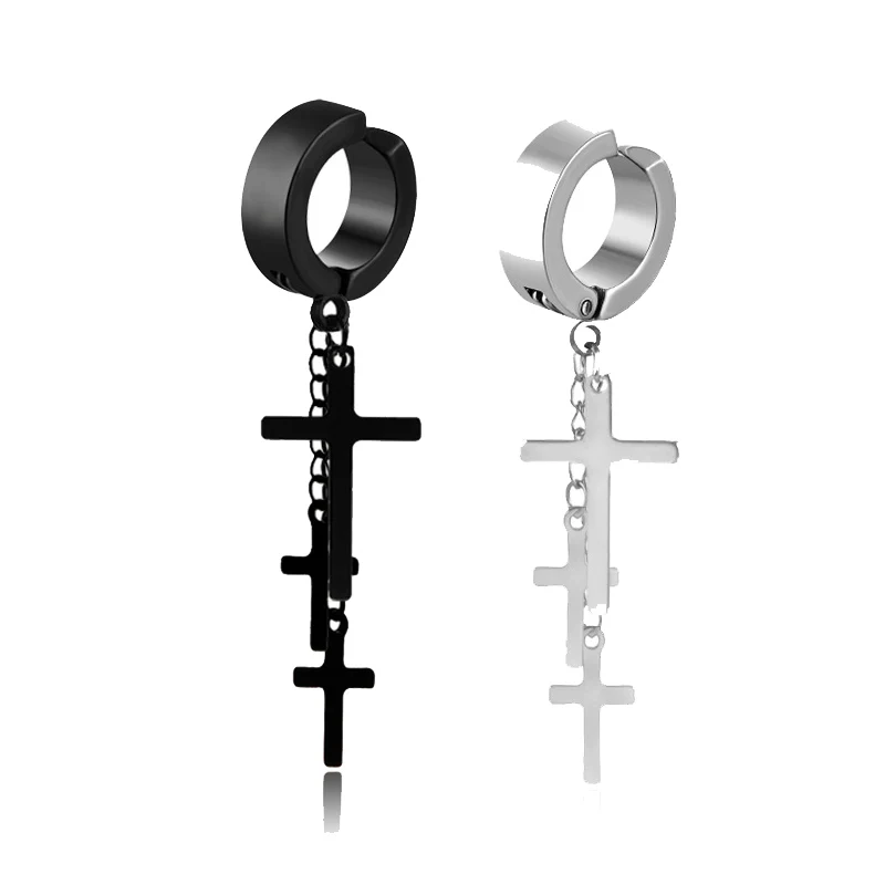 Клипсовые серьги в стиле панк-рок из титановой стали, 3 крестика, длинные клипсы с кисточками, Модные женские ювелирные изделия черного и серебристого цветов - Окраска металла: 1 silver 1 black