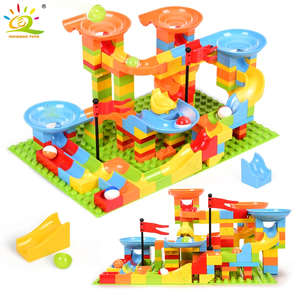 

HUIQIBAO 201CS Marble Run Race Track Slide DIY Building Blocks Duploed Big Size Baseplate Funnel Bricks Educational Baby Toys