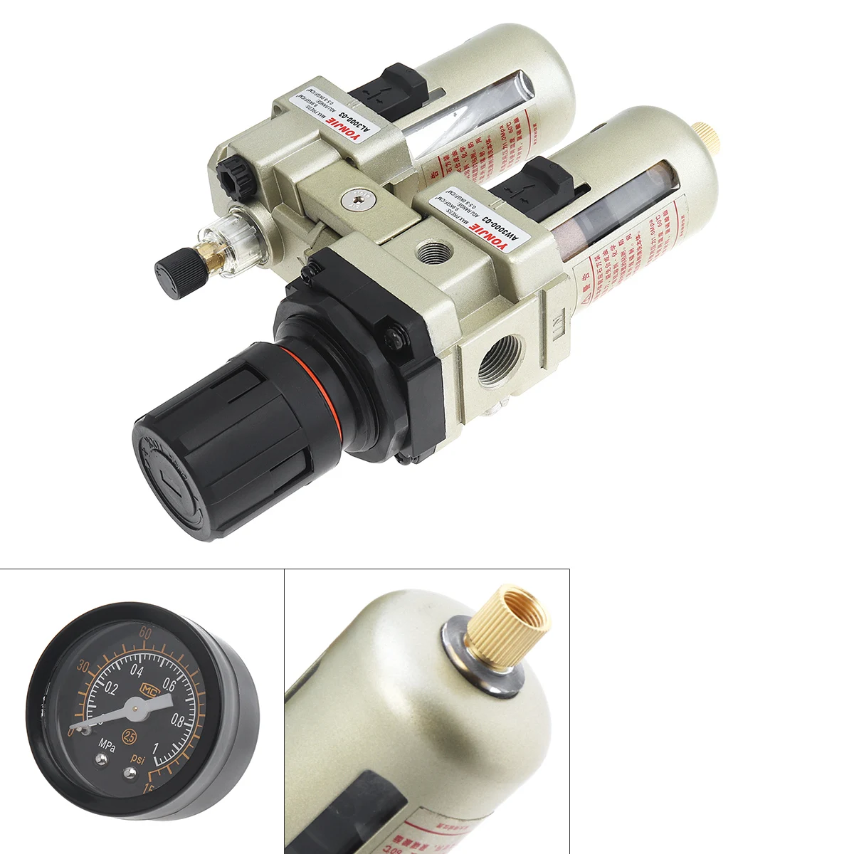 

AC3010-03 Air Compressor 0-1.0mpa Adjustable Two Union Oil Water Separator Regulator PT3/8(mm) Caliber with Gauge