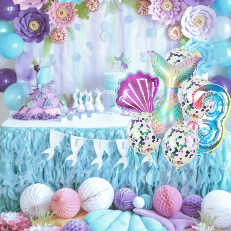 7Pcs Mermaid Tail Helium Globos Balloon Set 0 1 2 3 4 5 6 7 8 9 Number Foil Ballon Birthday Party Decoration Baby Shower Supply