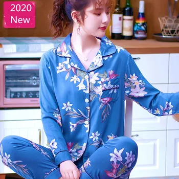 

100% Cotton Women Pajamas Set Sexy Flower Homewear Long Sleeve Shirt Pants 2Piece/Set Mom Causal Sleepwear