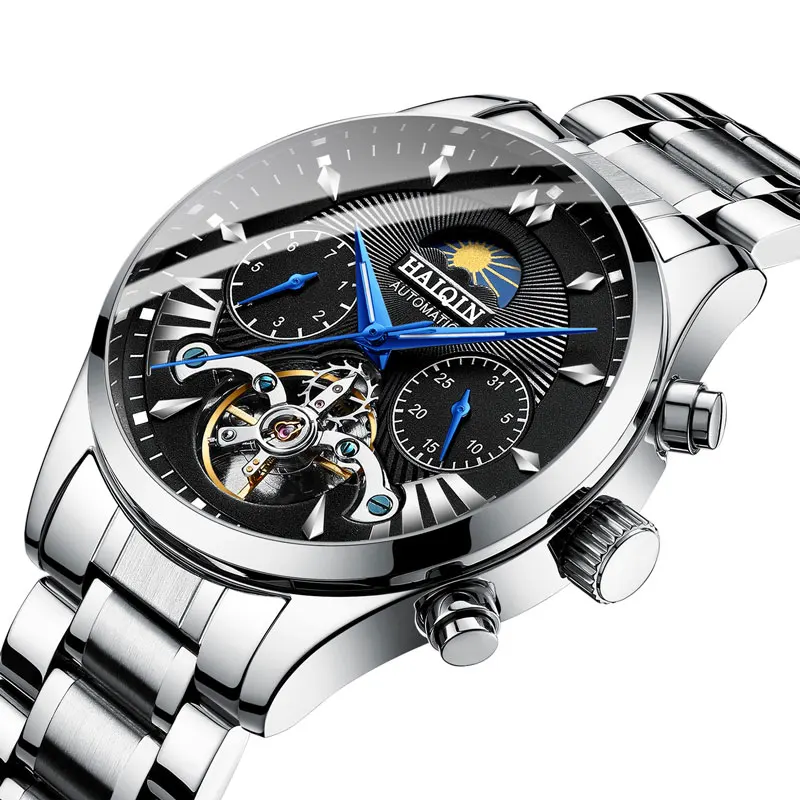 HAIQIN Мужские механические часы, автоматические деловые наручные часы с календарем, водонепроницаемые спортивные часы из нержавеющей стали для мужчин, reloj hombre - Цвет: Silver Black