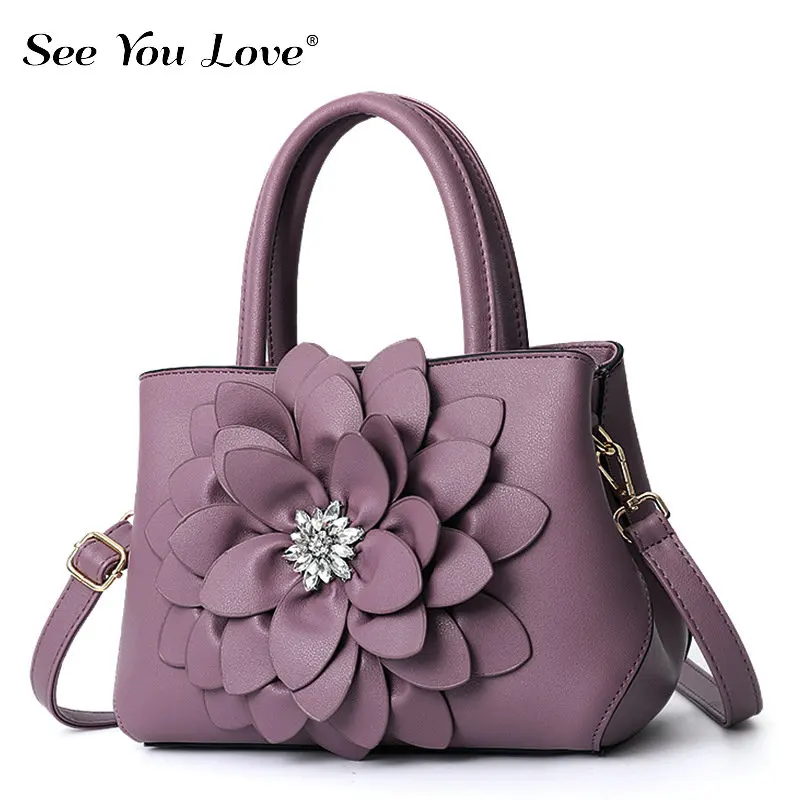 New Female Crossbody Bags For Women Flower Flap Luxury Brand Zipper Women Handbags Ladies Leather Messenger Shoulder Bag - Цвет: Фиолетовый