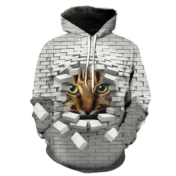 

CNUUIKOOEK Sweatshirts Men's 3D Walls Cat Printed Hooded Pocket Pullover Hoody Fashion Hooded Men's Hoodies