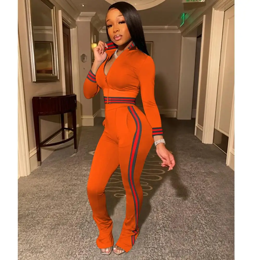 

Winter Fall New Casual Women Striped Sweat Suit Zipper Sweatshirt And Jogger Pants Two Piece Set Sweatpants Activewear Outfits