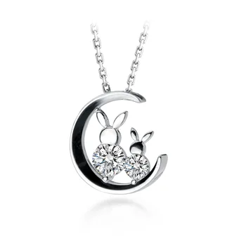 

MIQIAO Woman Fashion Jewellery Rose Gold Color Real 925 Sterling Silver Necklace Diamond Zircon Two Rabbit Moon Female Pendants