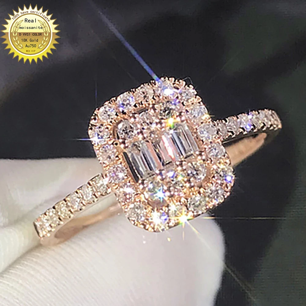 

18K Au750 Rose Gold Women Wedding Party Engagement Ring Rectangle Emerald Victorian Moissanite Diamond Ring Trendy Cute Romantic