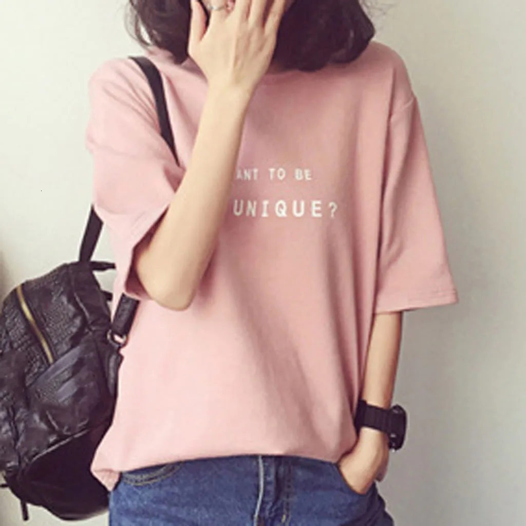 Women Blouse Regular Short Sleeve Round Neck Letters Printing Shirt White Blouse Casual Loose Women Tops And Blouses #5$