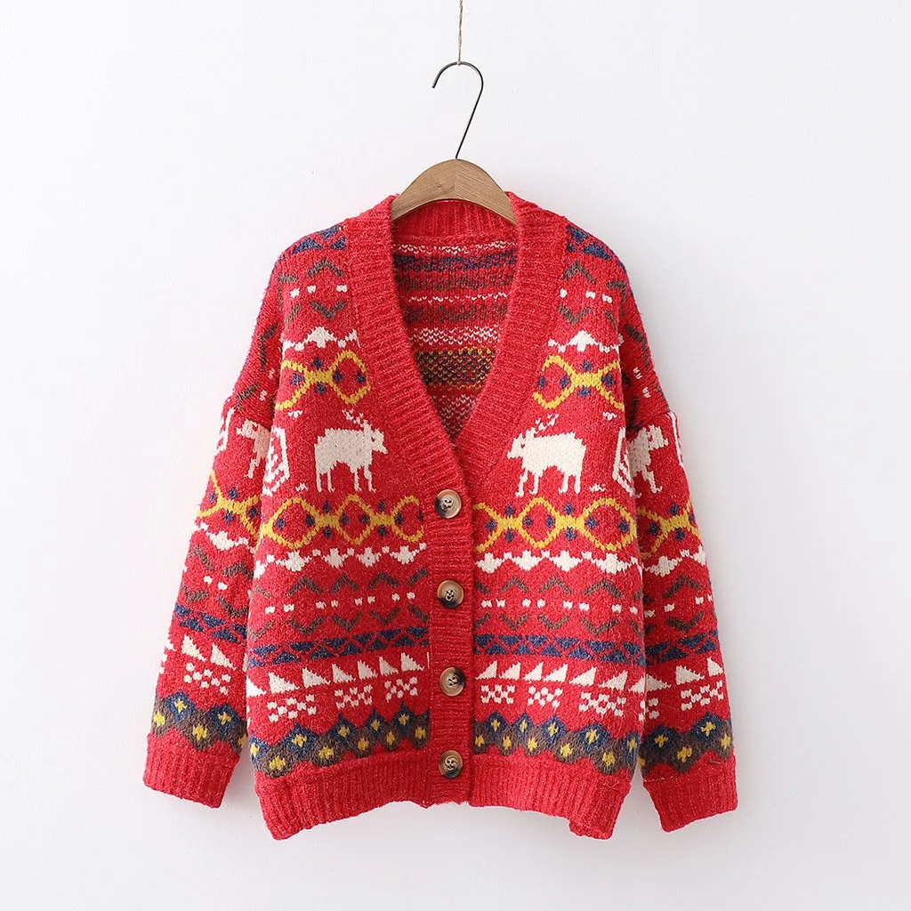 2019 Deer Print Xmas Christmas Sweater Women Kint Long Sleeve Cardigan Button Crochet Winter Clothes Jumper Jersey Mujer |