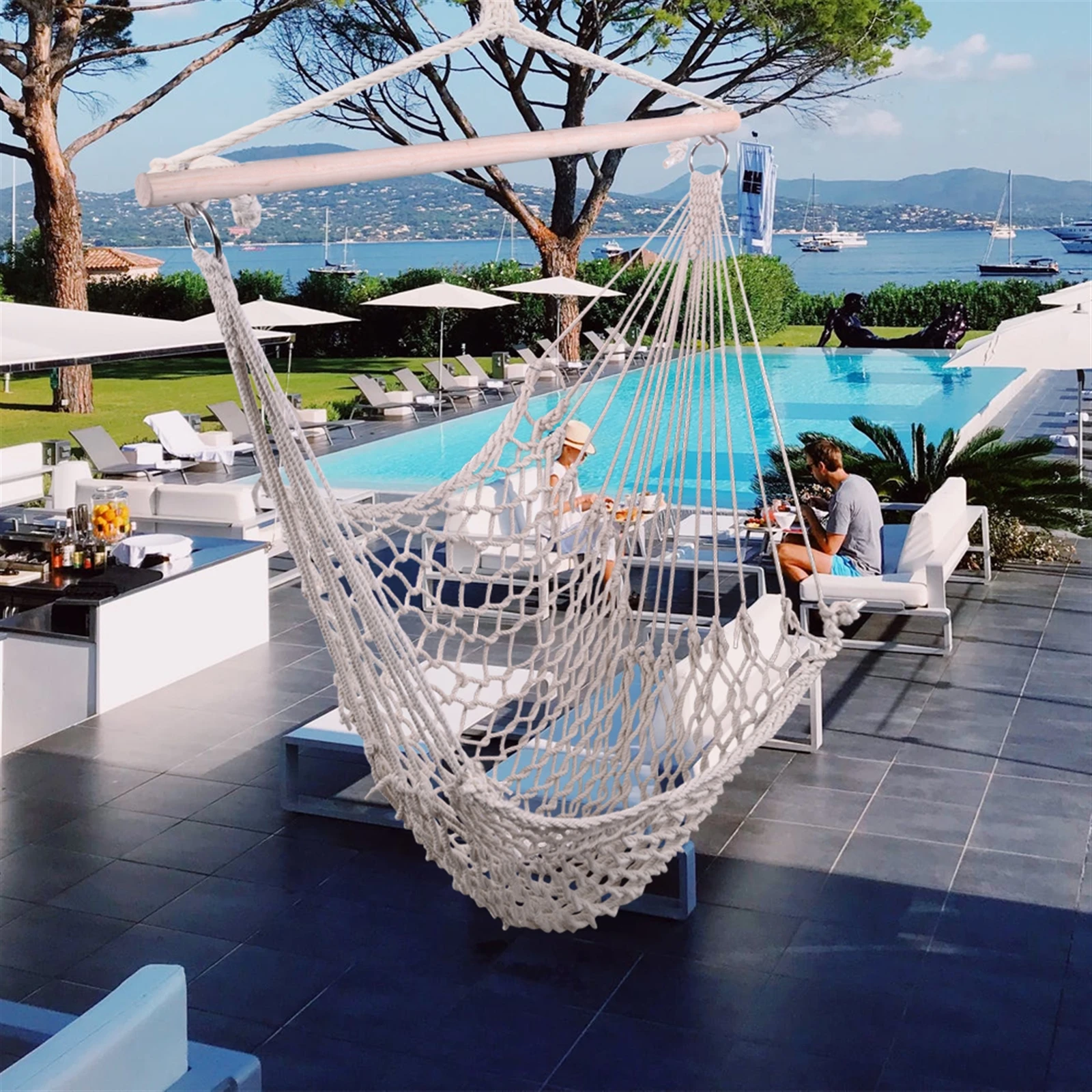 Cotton Rope Net Hammock Chair Set with Wooden Stick Beige Bohemia Style Hanging Hook Safety Bedroom Garden Tree Hanging Seats