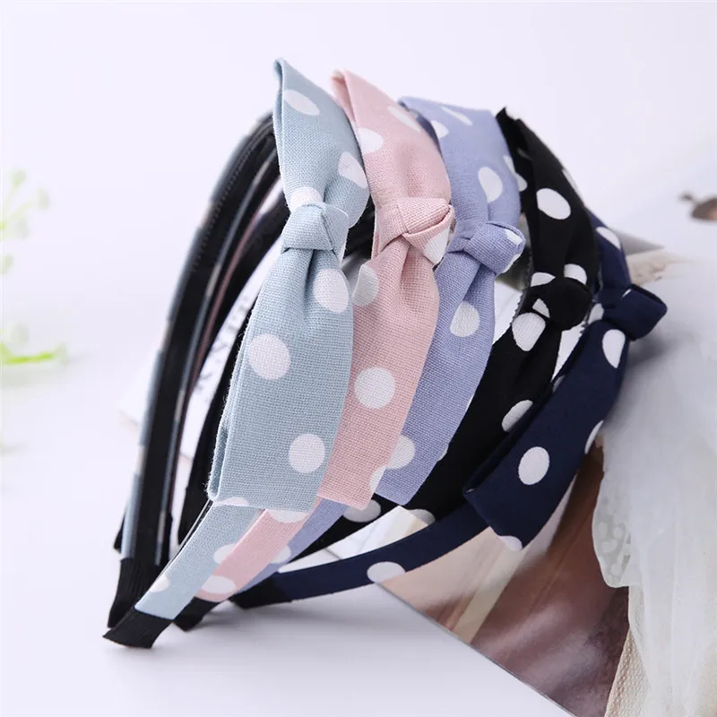 

Girls White Polka Dot Bowknot Womens Headband Knot Denim Blue Elastic Hairband Female Sweet Fashion Headpieces Hair Accessories