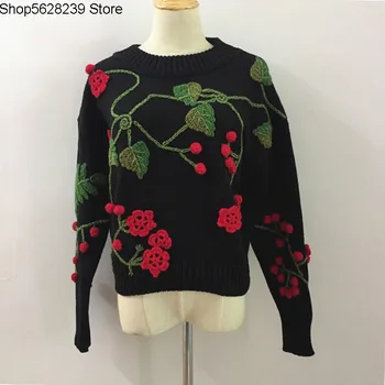 

Hand Crochet Flower Duo Embroidery Pullover Sweater Female Short Money Round Neck Loose Backing Top Thick Needle Wool Knitting