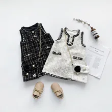 Платье для девочек; модное классическое осеннее платье в клетку без рукавов; детское платье принцессы; стильное платье известного бренда; платье для дня рождения