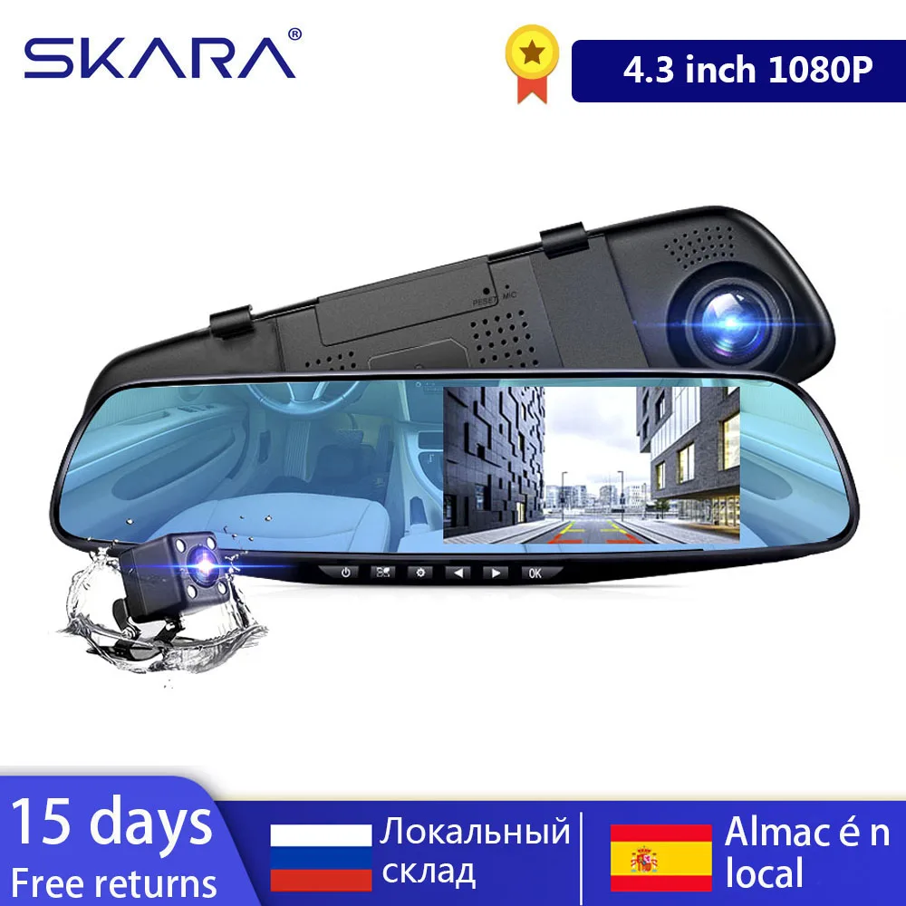 

SKARA Dual lens camera Rearview mirror Dash cam Full HD 1080P Car DVR Video Recorder 4.3 inch auto DVR With Rear view camera