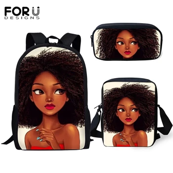 

FORUDESIGNS Primary Students Cartoon Backpack African Girls Prints Pattern Kids School Bags Afro Arts Designer 3PC/Set Book Bags