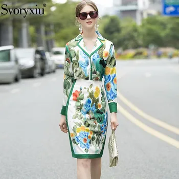 

Svoryxiu Spring Summer Runway Skirt Suit Women's Long Sleeve V Collar Hand Painted Print Blouse + High Waist Skirt Elegant Suits
