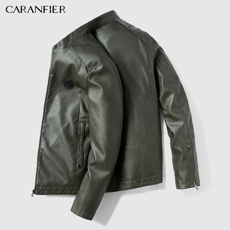 Green CARANFIER бренд осенне-зимняя повседневная куртка из искусственной кожи на молнии мотоциклетная кожаная куртка мужская приталенная Мужская куртка и пальто - Цвет: Green