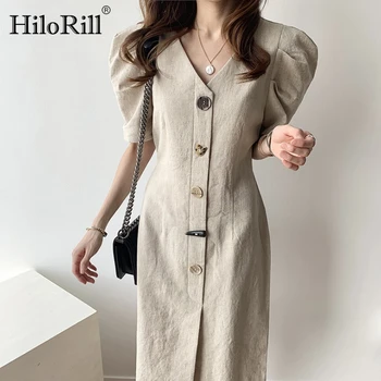 

HiloRill Women Elegant V Neck Long Midi Dress 2020 Fashion Puff Short Sleeve Button Dress Ladies Office Casual Dresses With Belt